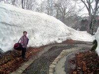 駐車場から雪の壁の道を歩く！